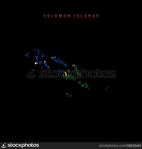 Solomon Islands flag map, chaotic particles pattern in the colors of the Solomon Islands flag. Vector illustration isolated on black background.. Solomon Islands flag map, chaotic particles pattern in the Solomon Islands flag colors. Vector illustration