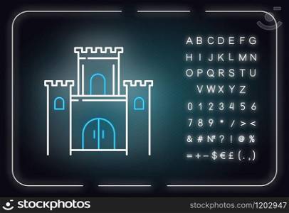 Solomon temple Bible story neon light icon. Jerusalem king castle. Worship building. Religious legend. Biblical narrative. Glowing sign with alphabet, numbers and symbols. Vector isolated illustration