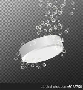 Soluble Drug With Fizzy Isolated On Checkered Background. Vector Illustration. Vitamin In Water Effervescent, Three Dissolving Tablets. 3D Realistic Illustration. Effervescent Medicine. Fizzy Tablet Dissolving. White Round Pill Falling In Water With Bubbles