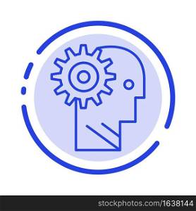 Solution, Brain, Gear, Man, Mechanism, Personal, Working Blue Dotted Line Line Icon