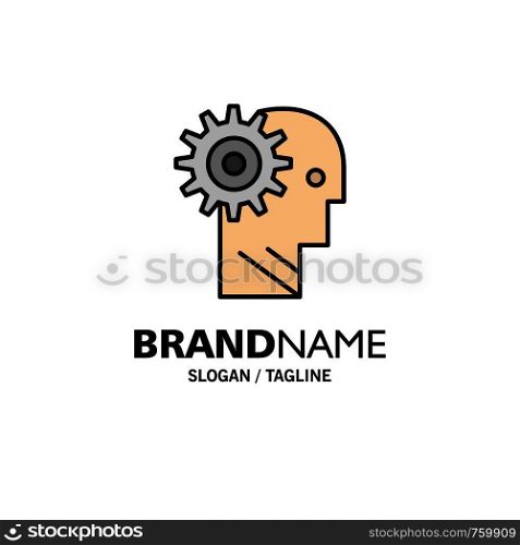 Solution, Brain, Gear, Man, Mechanism, Personal, Working Business Logo Template. Flat Color