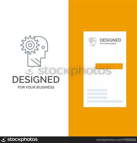 Solution, Brain, Gear, Man, Mechanism, Personal, Working Grey Logo Design and Business Card Template