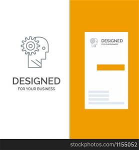 Solution, Brain, Gear, Man, Mechanism, Personal, Working Grey Logo Design and Business Card Template