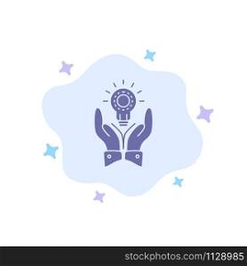 Solution, Bulb, Business, Hand, Idea, Marketing Blue Icon on Abstract Cloud Background