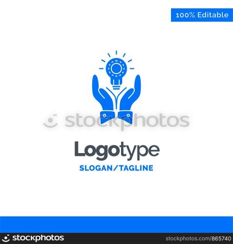 Solution, Bulb, Business, Hand, Idea, Marketing Blue Solid Logo Template. Place for Tagline