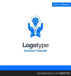 Solution, Bulb, Business, Hand, Idea, Marketing Blue Solid Logo Template. Place for Tagline