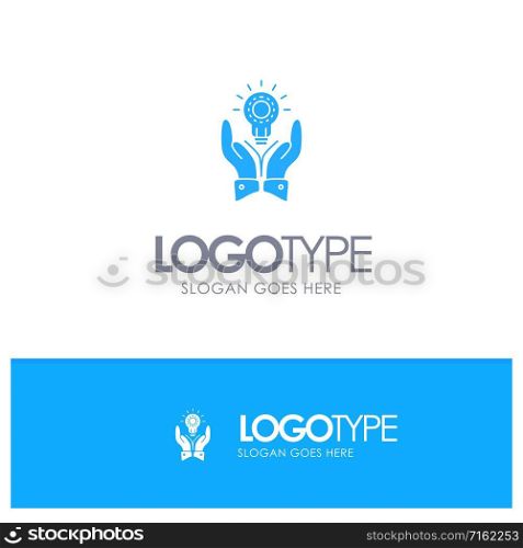 Solution, Bulb, Business, Hand, Idea, Marketing Blue Solid Logo with place for tagline