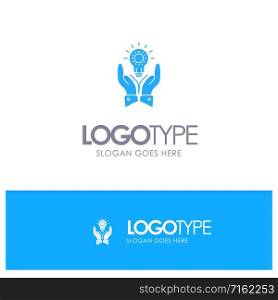 Solution, Bulb, Business, Hand, Idea, Marketing Blue Solid Logo with place for tagline