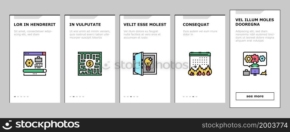 Solution Business Problem Task Onboarding Mobile App Page Screen Vector. Teamwork And Partnership, Goal Achievement And Vision Of Solution, Project Strategy Development And Deadline. Illustrations. Solution Business Problem Task Onboarding Icons Set Vector