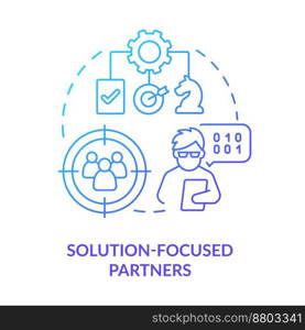 Solution focused partners blue gradient concept icon. Develop business strategy. Involve IoT abstract idea thin line illustration. Isolated outline drawing. Myriad Pro-Bold font used. Solution focused partners blue gradient concept icon