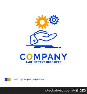 solution, hand, idea, gear, services Blue Yellow Business Logo template. Creative Design Template Place for Tagline.