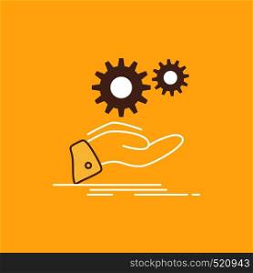 solution, hand, idea, gear, services Flat Line Filled Icon. Beautiful Logo button over yellow background for UI and UX, website or mobile application. Vector EPS10 Abstract Template background