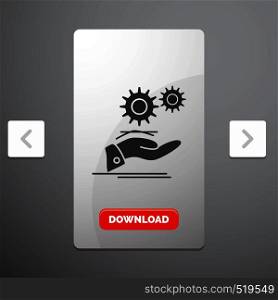 solution, hand, idea, gear, services Glyph Icon in Carousal Pagination Slider Design & Red Download Button. Vector EPS10 Abstract Template background