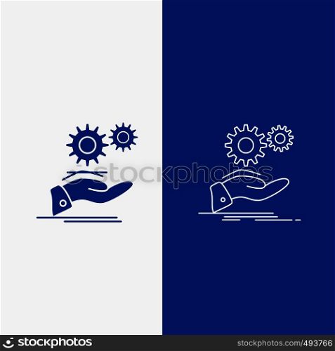 solution, hand, idea, gear, services Line and Glyph web Button in Blue color Vertical Banner for UI and UX, website or mobile application. Vector EPS10 Abstract Template background