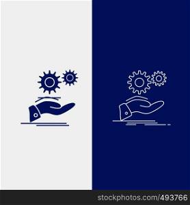 solution, hand, idea, gear, services Line and Glyph web Button in Blue color Vertical Banner for UI and UX, website or mobile application. Vector EPS10 Abstract Template background