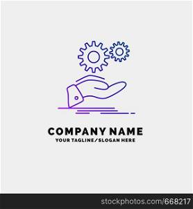 solution, hand, idea, gear, services Purple Business Logo Template. Place for Tagline. Vector EPS10 Abstract Template background