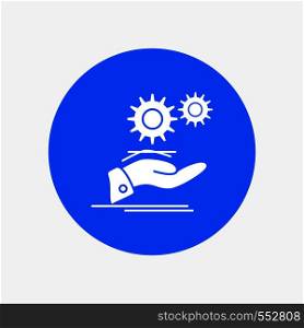 solution, hand, idea, gear, services White Glyph Icon in Circle. Vector Button illustration. Vector EPS10 Abstract Template background