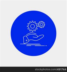solution, hand, idea, gear, services White Line Icon in Circle background. vector icon illustration. Vector EPS10 Abstract Template background
