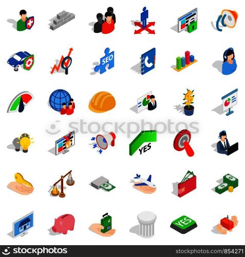 Solution icons set. Isometric style of 36 solution vector icons for web isolated on white background. Solution icons set, isometric style