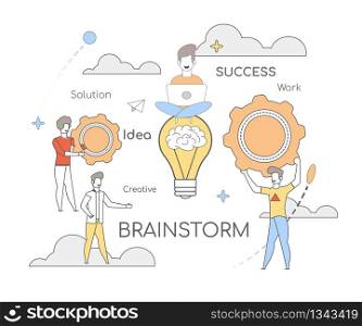 Solution Success Work Idea Creative Brainstorm. Team Young Designers is ready Start Brainstorm Session. Ideas Solutions Work and Success. Guys Solve Complex Problems in an unusual Way.