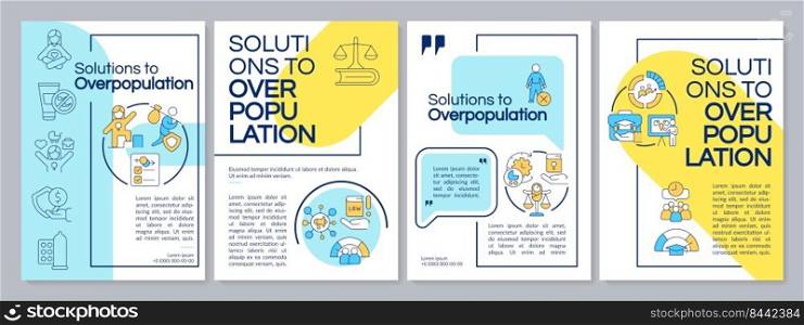 Solutions to overpopulation blue and yellow brochure template. Leaflet design with linear icons. Editable 4 vector layouts for presentation, annual reports. Questrial, Lato-Regular fonts used. Solutions to overpopulation blue and yellow brochure template