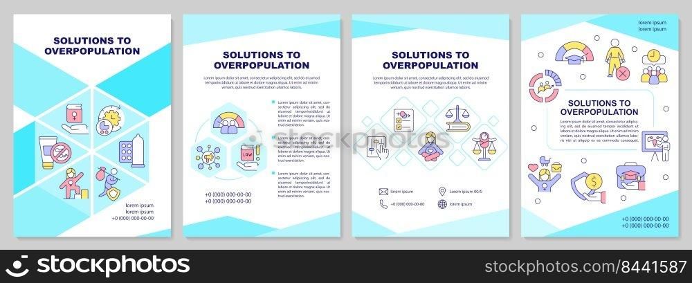 Solutions to overpopulation blue brochure template. Leaflet design with linear icons. Editable 4 vector layouts for presentation, annual reports. Arial-Black, Myriad Pro-Regular fonts used. Solutions to overpopulation blue brochure template
