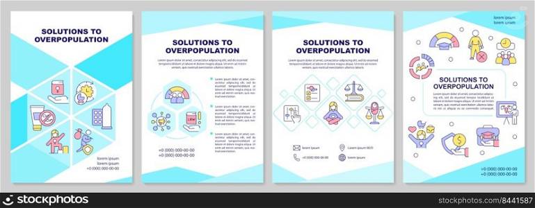 Solutions to overpopulation blue brochure template. Leaflet design with linear icons. Editable 4 vector layouts for presentation, annual reports. Arial-Black, Myriad Pro-Regular fonts used. Solutions to overpopulation blue brochure template