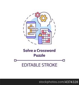 Solve crossword puzzle concept icon. Morning exercises for brain abstract idea thin line illustration. Isolated outline drawing. Editable stroke. Roboto-Medium, Myriad Pro-Bold fonts used. Solve crossword puzzle concept icon