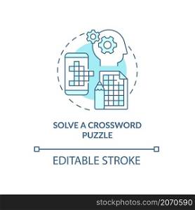 Solve crossword puzzle turquoise concept icon. Morning exercises for mind abstract idea thin line illustration. Isolated outline drawing. Editable stroke. Roboto-Medium, Myriad Pro-Bold fonts used. Solve crossword puzzle turquoise concept icon