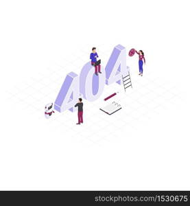 Solving 404 problem concept isometric illustration. Tiny IT specialists repairing disconnected, server. Robot, AI assistant helping to fix technical malfunctions. Automated network mistakes detection