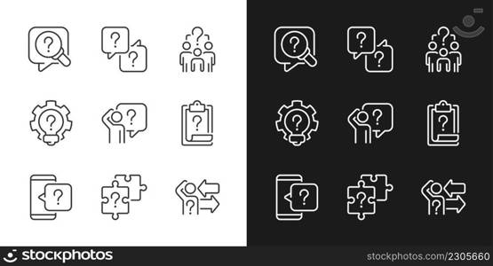 Solving different equations linear icons set for dark, light mode. Looking for answers and information support. Thin line symbols for night, day theme. Isolated illustrations. Editable stroke. Solving different equations linear icons set for dark, light mode