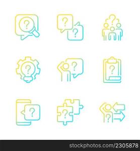 Solving different questions gradient linear vector icons set. Looking for answers and information support. Thin line contour symbol designs bundle. Isolated outline illustrations collection. Solving different questions gradient linear vector icons set