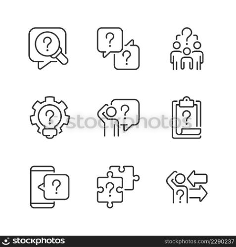 Solving different questions linear icons set. Looking for answers. Information support service. Customizable thin line symbols. Isolated vector outline illustrations. Editable stroke. Solving different questions linear icons set