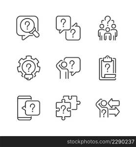 Solving different questions linear icons set. Looking for answers. Information support service. Customizable thin line symbols. Isolated vector outline illustrations. Editable stroke. Solving different questions linear icons set
