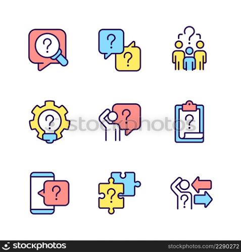 Solving different questions RGB color icons set. Looking for answers and information support. Isolated vector illustrations. Simple filled line drawings collection. Editable stroke. Solving different questions RGB color icons set