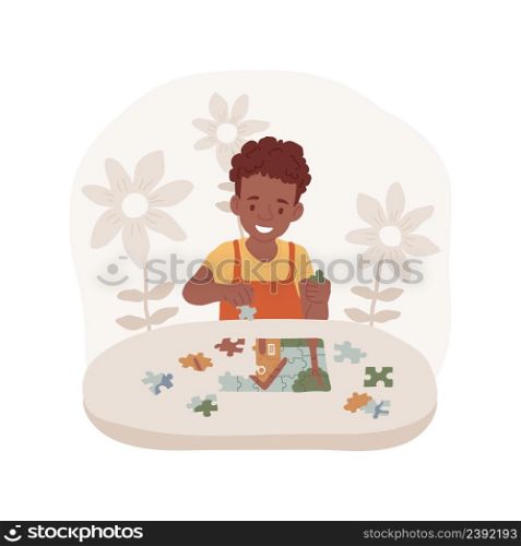 Solving puzzles isolated cartoon vector illustration. Toddler does simple puzzle, put pieces together, mental skills, problem-solving game, creative thinking, kindergarten vector cartoon.. Solving puzzles isolated cartoon vector illustration.