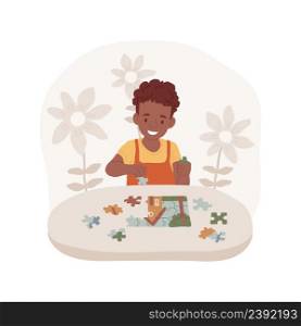 Solving puzzles isolated cartoon vector illustration. Toddler does simple puzzle, put pieces together, mental skills, problem-solving game, creative thinking, kindergarten vector cartoon.. Solving puzzles isolated cartoon vector illustration.