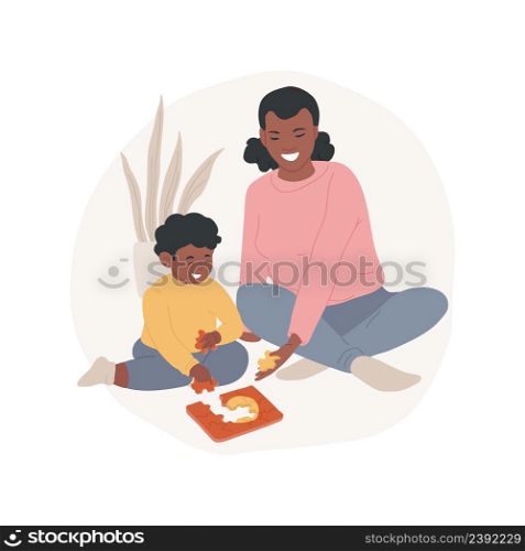 Solving puzzles together isolated cartoon vector illustration Child solving puzzle with parents, family play tabletop game, mental ativity, early childhood, home education vector cartoon.. Solving puzzles together isolated cartoon vector illustration