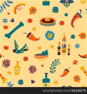 Sombrero and flying bird, bone and chilli pepper seamless pattern. Traditional mexican symbols and cultural icons. Slice of lime or lemon, tequila and burning candles and flowers, vector in flat style. Mexico traditional symbols and cultural signs seamless pattern