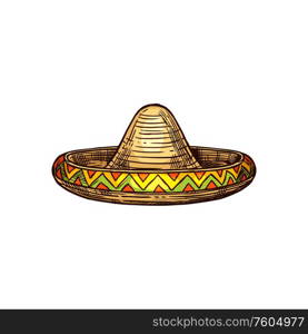 Sombrero cap isolated traditional latin headdress. Vector Cinco de mayo holiday hat. Mexican sombrero cap, vector national hat of straw