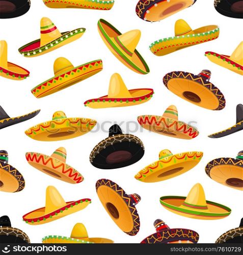 Sombrero hats seamless pattern. Vector background of Mexican fiesta party and Cinco de Mayo holiday with mariachi musician sombrero hats with wide brims, ball fringe and colorful ethnic ornaments. Mexican sombrero hats seamless pattern background