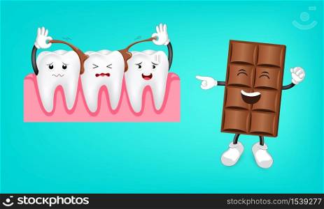 Some chocolate stick between tooth. Funny cartoon character. Dental care concept. Illustration isolated on green background.