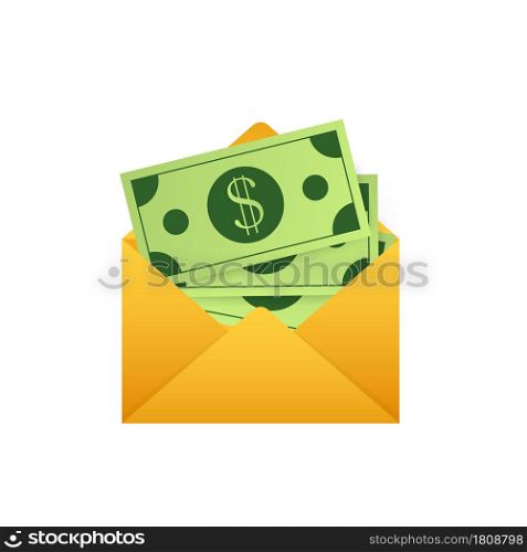 Some dollar bills in white envelope. Send money concept. Vector illustration. Vector illustration. Some dollar bills in white envelope. Send money concept. Vector illustration.