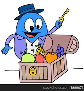 someone opened a box filled with various fruits. cartoon illustration sticker mascot emoticon
