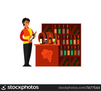 Sommelier bartender with wine glass bottles storing in cupboard vector. Woman working consultant of alcoholic drinks. Wine store professional worker. Sommelier Bartender with Wine Bottles Set Vector