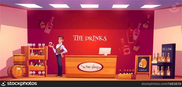 Sommelier in wine shop holding wineglass in hand. Seller examine beverage in store interior with alcohol drink bottles stand on wooden shelves, counter desk and billboard. Cartoon vector illustration. Sommelier in wine store holding wineglass in hand