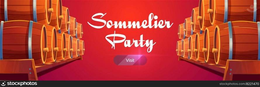 Sommelier party banner with wine barrels on red background. Invitation to winery bar or restaurant for tasting alcohol drinks. Vector poster with cartoon wooden casks in cellar. Sommelier party banner with wine barrels