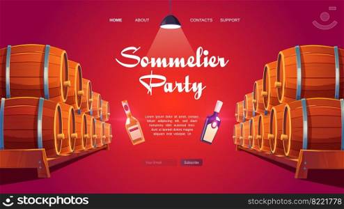 Sommelier party cartoon landing page. Wine shop, cellar interior with wooden barrels and glass bottles with winery production and glow l&. Alcohol beverage store promo, Cartoon vector web banner. Sommelier party cartoon landing page. Wine shop