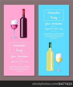 Sommelier Party, Invitation Vector Illustration. Sommelier party, your invitation, promotional banners dedicated to event in France, posters of wine bottles and glasses vector illustration