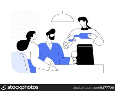 Sommelier service abstract concept vector illustration. Sommelier opens luxury wine bottle in front of couple, service sector, horeca business, restaurant customers abstract metaphor.. Sommelier service abstract concept vector illustration.